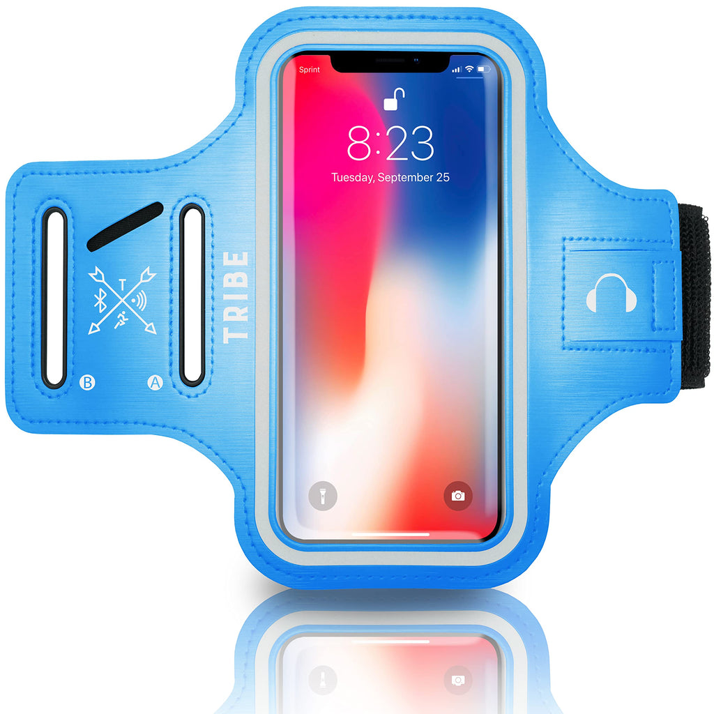 [Australia - AusPower] - TRIBE Water Resistant Cell Phone Armband Case Running Holder for iPhone Pro Max Plus Mini SE (13/12/11/X/XS/XR/8/7/6/5) Galaxy S Ultra Plus Edge Note (21/20/10/9/8/7/6/5) Adjustable Strap & Key Pocket Light Blue 