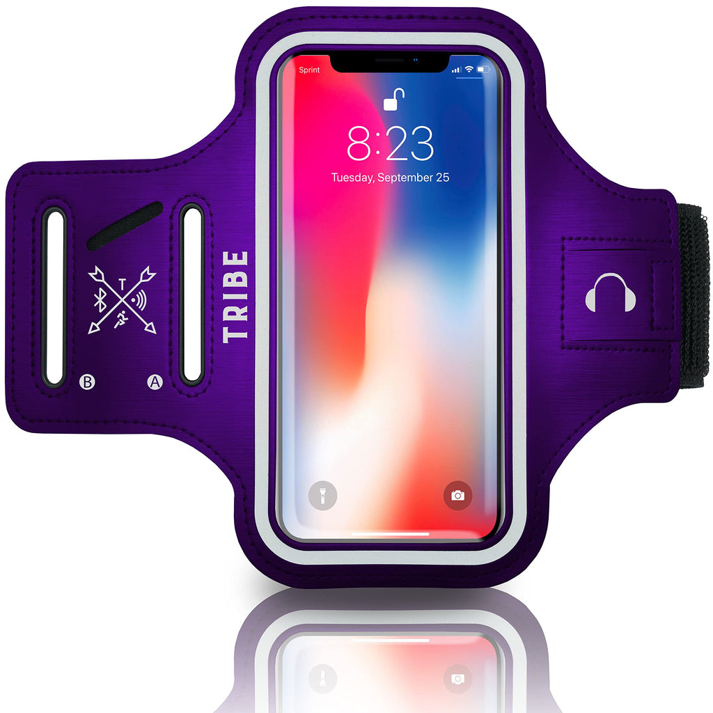 [Australia - AusPower] - TRIBE Water Resistant Cell Phone Armband Case Running Holder for iPhone Pro Max Plus Mini SE (13/12/11/X/XS/XR/8/7/6/5) Galaxy S Ultra Plus Edge Note (21/20/10/9/8/7/6/5) Adjustable Strap & Key Pocket Purple 
