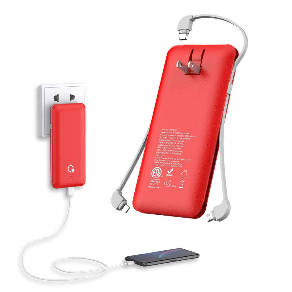 [Australia - AusPower] - 10000mAh Portable Charger, Ultra Slim Power Bank,4 Output and Dual Input External Battery Pack with Built-in AC Wall Plug Micro USB Type C Three Cables with USB Output Compatible with All mobilephone 