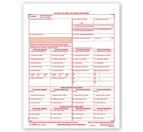 [Australia - AusPower] - W-2C Wage Corrected & Tax Statement, SSA Copy A, Laser Tax Forms - Pack of 25- IRS Approved 