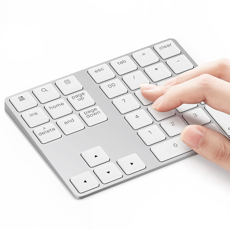 [Australia - AusPower] - Bluetooth Number Pad, Lekvey Aluminum Rechargeable Wireless Numeric Keypad Slim 34-Keys External Numpad Keyboard Data Entry for Laptop, MacBook, MacBook Air/Pro, iMac, Windows, Surface Pro - Silver White and Silver 