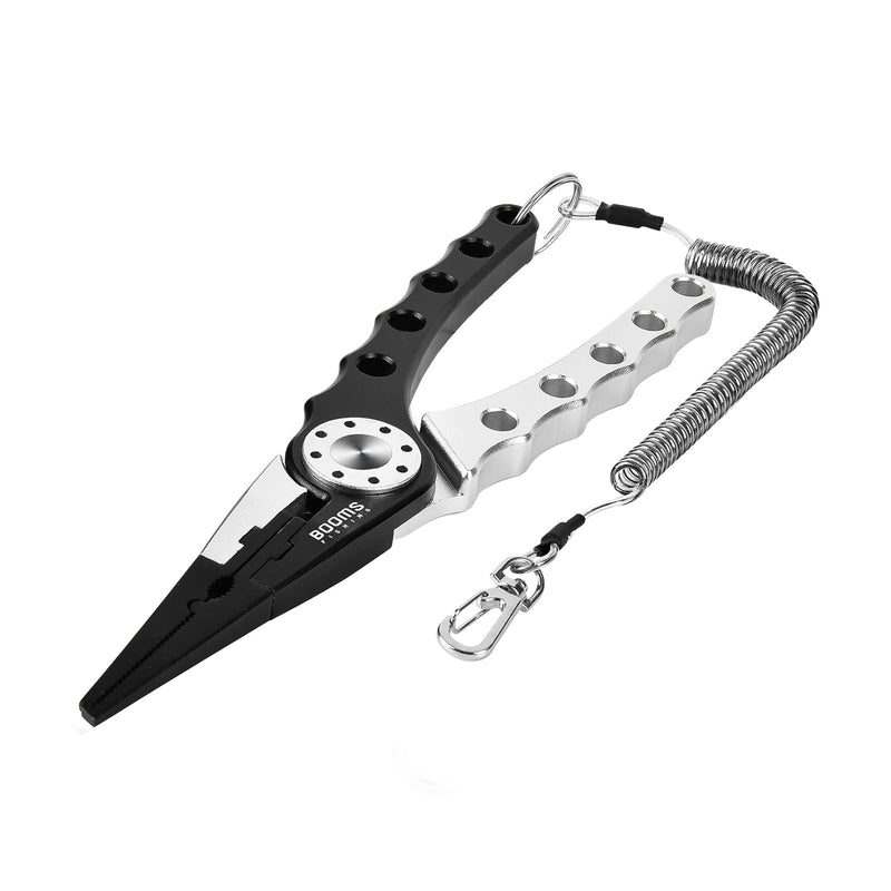 [Australia - AusPower] - Booms Fishing X1 Aluminum Fishing Pliers Saltwater, Surf Fishing Tackle Kit, Fishing Multitool Hook Remover Braided Fishing Line Cutting and Split Ring with Coiled Lanyard and Sheath Black&Silver 