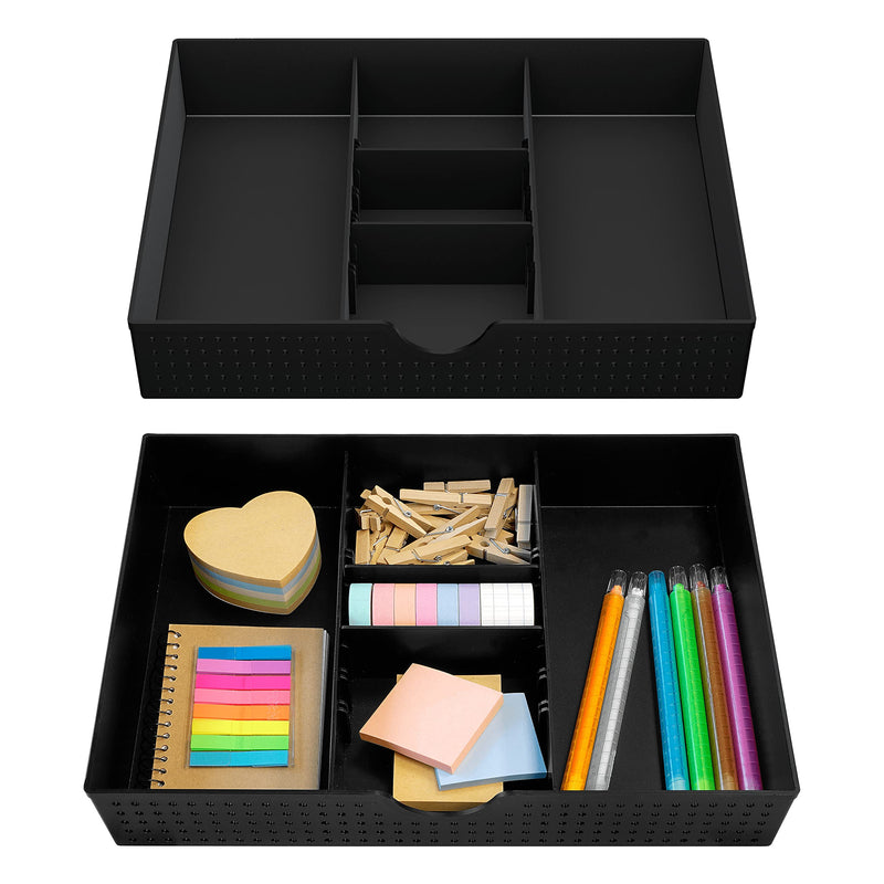 [Australia - AusPower] - CAXXA 2 Pack 3 Slot Drawer Organizer with Two Adjustable Dividers - Junk Drawer Storage for Office Desk Supplies and Accessories, Black (2 Pack) 