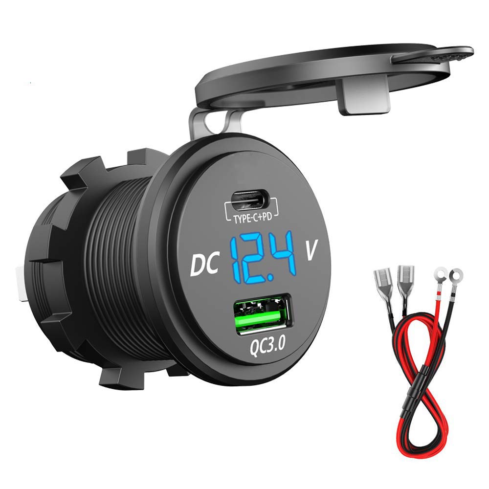 [Australia - AusPower] - PD Type C USB Car Charger Socket and QC 3.0 Quick Charger 12V/24V Car Power Outlet Waterproof Socket 63W Dual USB Charger Socket Power Delivery 36W for Motorcycle Marine Boat RV ATV (Type C+ QC3.0(G)) Type C+ QC3.0(G) 