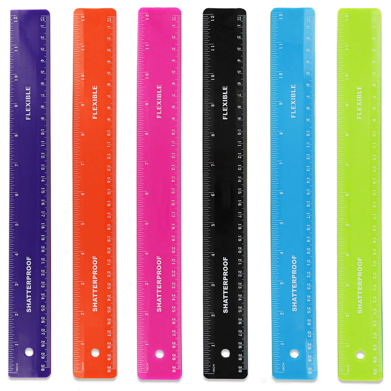 [Australia - AusPower] - Emraw 12 inches (30 cm) Shatterproof Flexible Rulers Designed in Black, Blue, Green, Pink, Purple, and Orange - Great for School, Home, & Office – (6 Pack) 