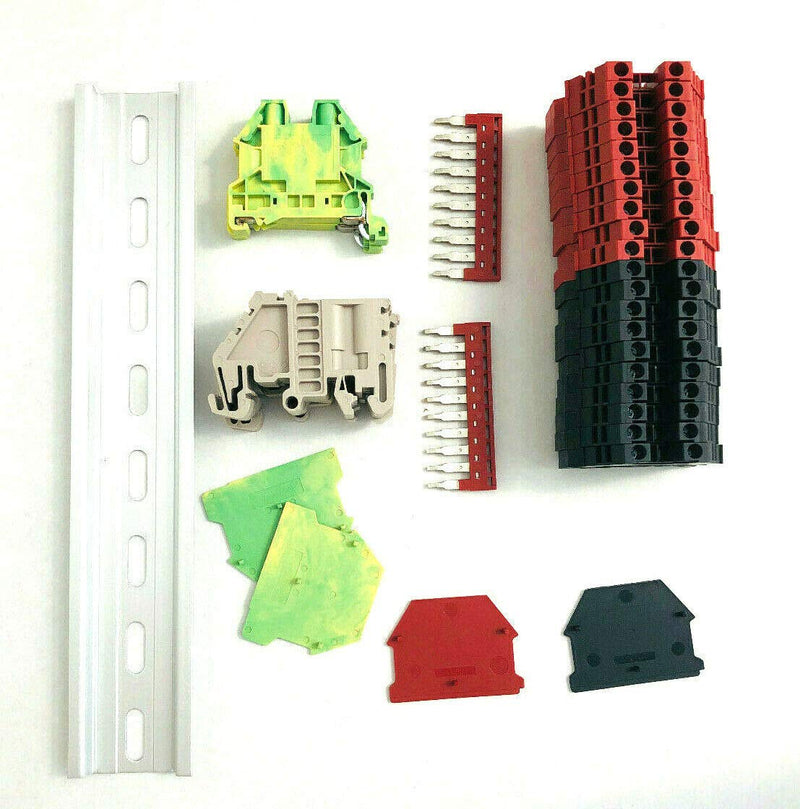 [Australia - AusPower] - Dinkle UL Listed DIN Rail Terminal Block Kit #1 Red/Black Dinkle 20 DK2.5N 12 AWG Gauge 20A 600V Ground DK2.5N-PE Jumper DSS2.5N-10P End Covers End Brackets 