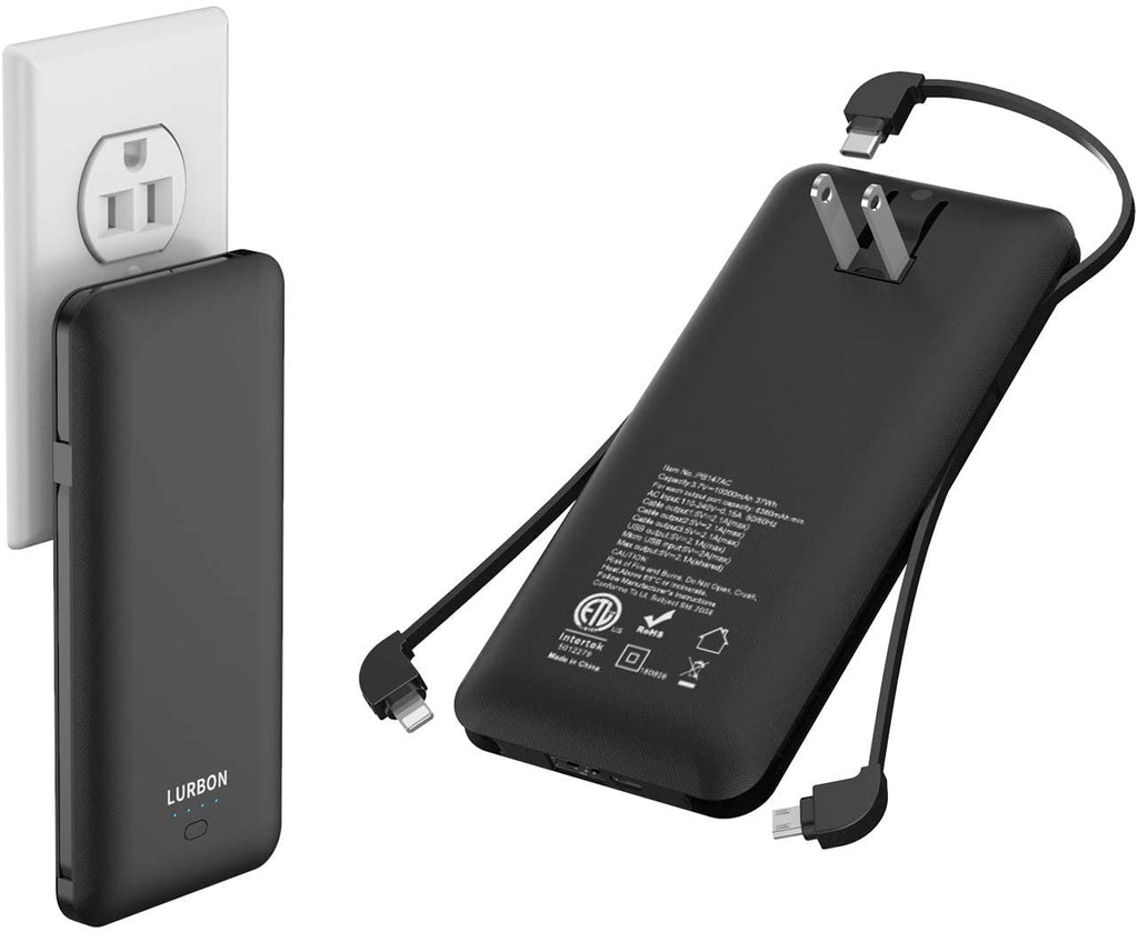 [Australia - AusPower] - 10000 mAh Portable Charger Power Bank Ultra Slim External Battery Pack with Built in AC Plug, Type-c Cable,Micro Cable and Other Cable for Cell Phone 