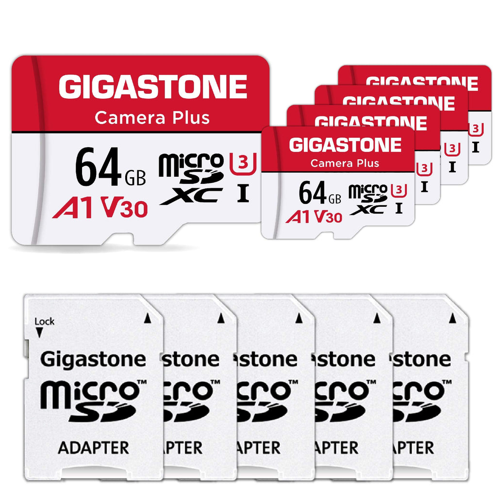 [Australia - AusPower] - [Gigastone] 64GB 5-Pack Micro SD Card, Camera Plus, MicroSDXC Memory Card for Wyze, Video Camera, Security Camera, Smartphone, Fire tablet, 4K Video Recording, UHS-I U3 A1 V30, 95MB/s, with Adapter 