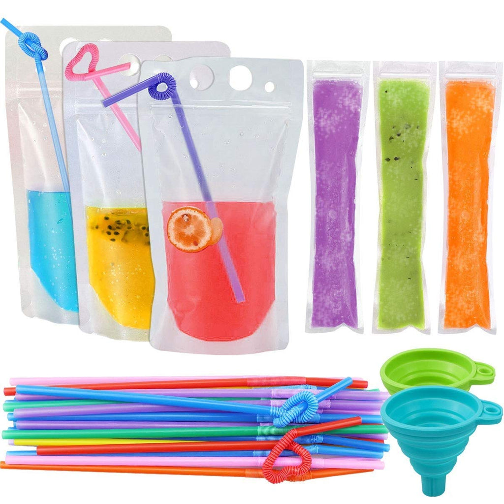 [Australia - AusPower] - SelfTek 121 Pcs Drink Pouches Bags with Straws, 60 Popsicle Bags 30 Juice Pouches with 30 Straws & Funnel, Heavy Duty Hand-held Translucent Stand-up Plastic Bags for Adults and Kids 