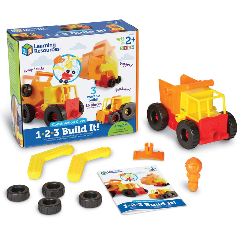 [Australia - AusPower] - Learning Resources 1-2-3 Build It! Construction Crew Toy, Bulldozer, Digger, Dump Truck, STEM, Imaginative Play, 16 Pieces, Ages 2+ 