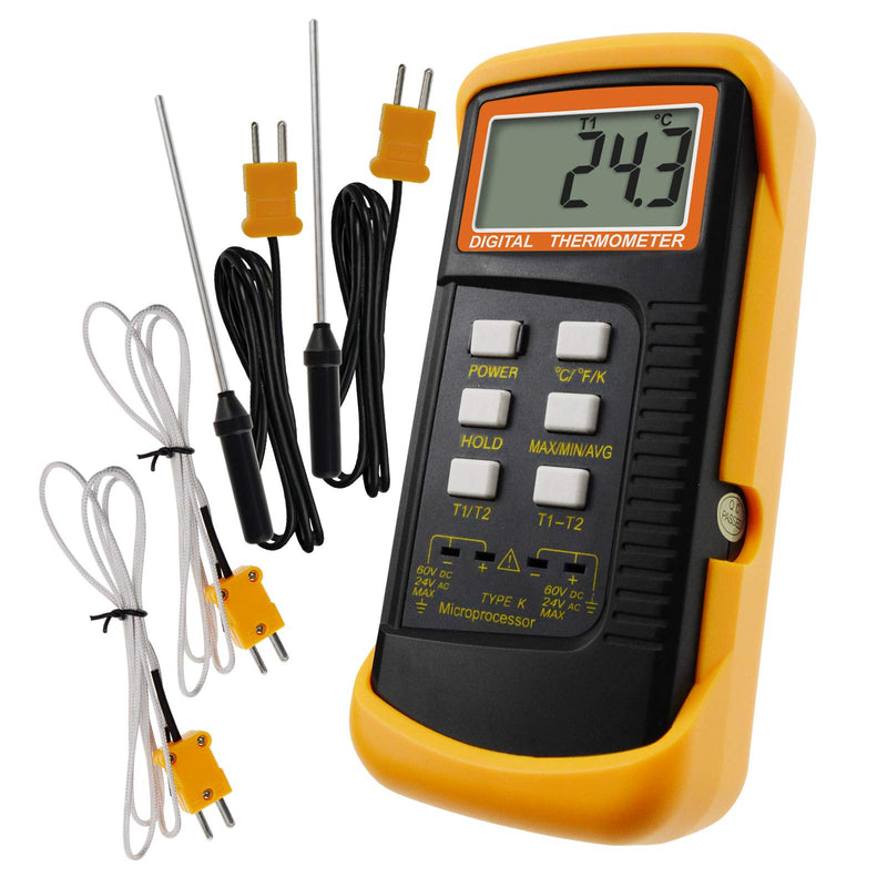 [Australia - AusPower] - Digital 2 Channels K-Type Thermometer w/ 4 Thermocouples (Wired & Stainless Steel), -50~1300°C (-58~2372°F) Handheld Desktop High Temperature Kelvin Scale Dual Measurement Meter Sensor 