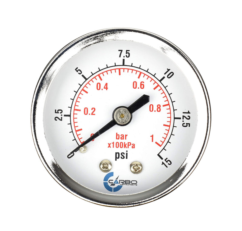 [Australia - AusPower] - CARBO Instruments 2" Pressure Gauge, Chrome Plated Steel Case, Dry, 0-15 psi/kPa, Back Mount 1/4" NPT 