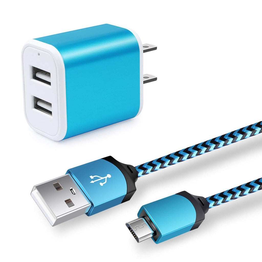 [Australia - AusPower] - USB Plug, Android Charger Cable 6ft, 2 Port Multi USB Wall Charger 2.1A Travel Phone USB Adapter Power Cube and Braided Micro USB Cord for LG Stylo 3 Plus, Samsung Galaxy S7 S6 Edge J3 J7, PS4, Kindle Blue 