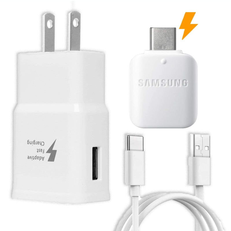 [Australia - AusPower] - Samsung Fast Adaptive Wall Adapter Charger for Galaxy S10 Lite S9 Plus Note 9 S8 Note 8 EP-TA20JBE - 4 Foot Type C/USB-C Cable and OTG Adapter - White 