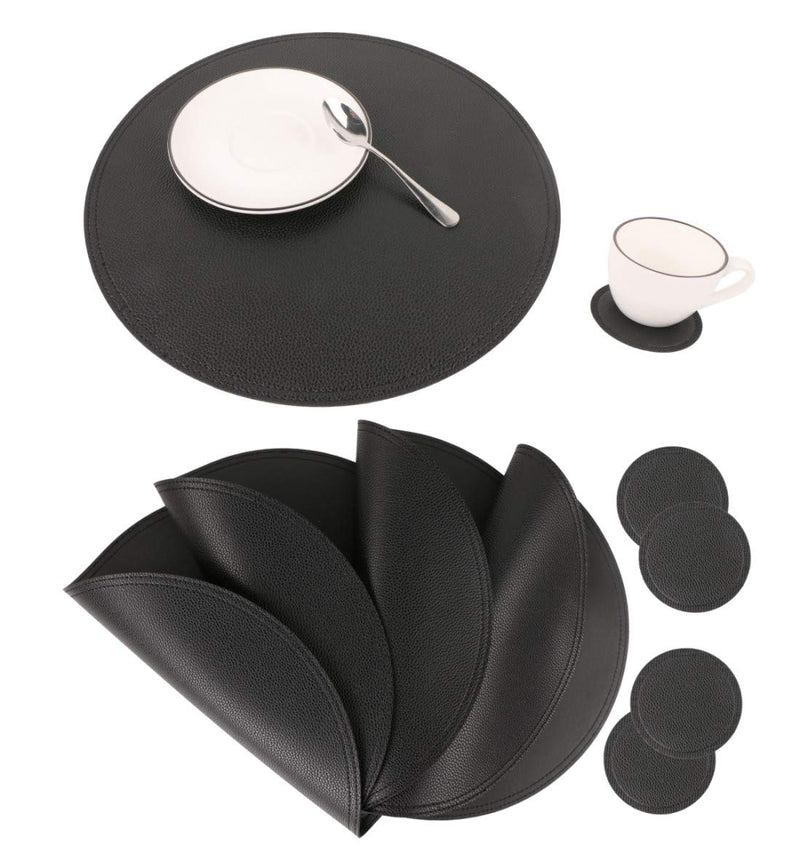 [Australia - AusPower] - Faux Leather Round Placemats and Coasters, Disko Table Mats and Drink Spills Coasters, Easy to Clean, Double Stitched for Kitchen Dining Table, Diameter 13''and 3.9'' Set of 4 Black 