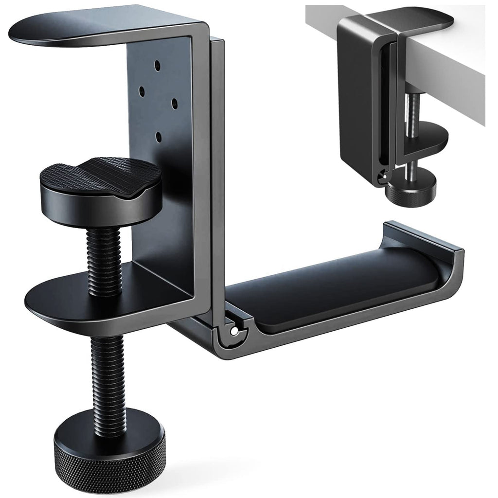 [Australia - AusPower] - APPHOME [Upgrade] Foldable Headphone Stand Hanger Holder Aluminum Headset Soundbar Stand Clamp Hook Under Desk Space Save Mount Fold Upward Not in Use, Universal Fit Gaming PC Accessories, Black 