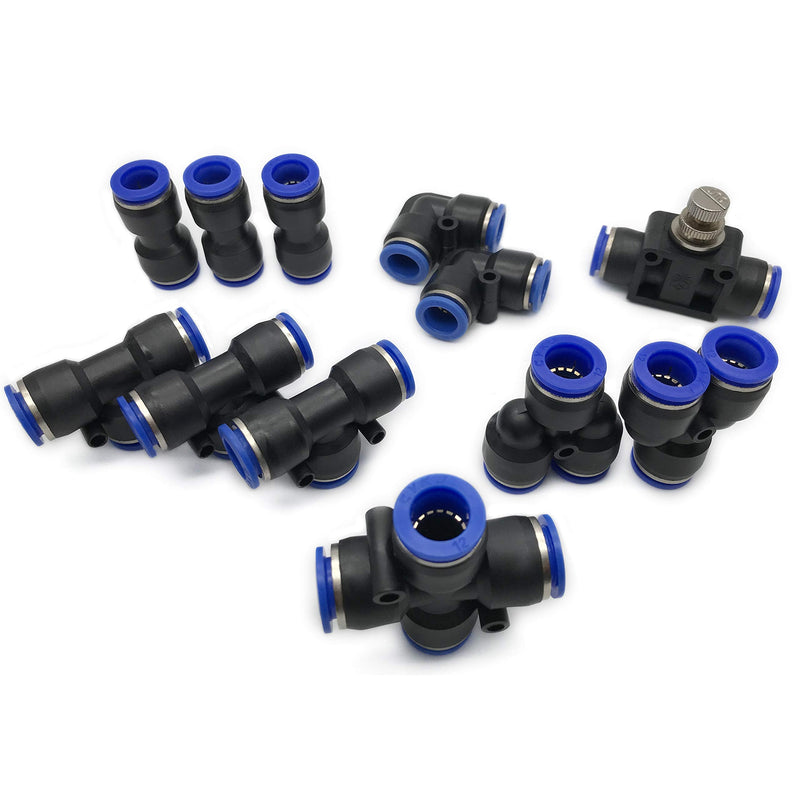 [Australia - AusPower] - 12mm Quick Fitting Set, Push to Connect Pipe Tube Fittings 15/32” Pneumatic Air line Connector 12Pcs (3 Straight, 2 Elbow, 3 Tee, 2 Splitter, 1 Hand Valve, 1 Cross) 