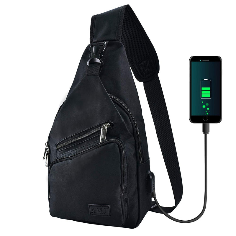 [Australia - AusPower] - Sling Bag for Men Women Shoulder Backpack Chest Bags Crossbody Daypack with USB Cable for Hiking Camping Outdoor Trip Small (13" x 6.7" x2.76") Black 