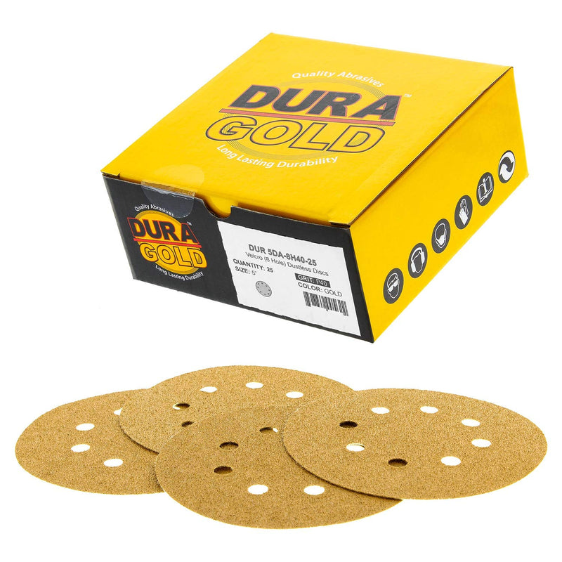 [Australia - AusPower] - Dura-Gold Premium 5" Gold Sanding Discs - 40 Grit (Box of 25) - 8 Hole Pattern Dustless Hook & Loop Backing Sandpaper for DA Sanders, Aluminum Oxide Abrasive - Sand Automotive Paint, Woodworking Wood 40-Grit 