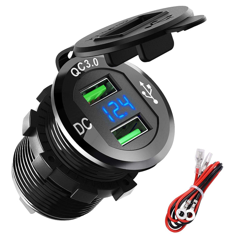 [Australia - AusPower] - Quick Charge 3.0 USB Charger Socket, ADSDIA 12V/24V 36W Aluminum Waterproof Dual QC3.0 Car Charger Power Adapter Outlet with LED Display for Car Boat Marine Motorcycle Scooter RV Golf Cart DIY Kit Black 
