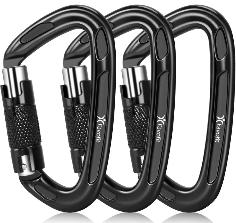 [Australia - AusPower] - Favofit UIAA Certified Climbing Carabiners (Certificate No.: USA 20-5611), 3 Pack, 25KN (5620 lbs) Heavy Duty Large Locking Carabiner Clips for Rock/Ice Climbing Rappelling Rescue Swing etc, Black 