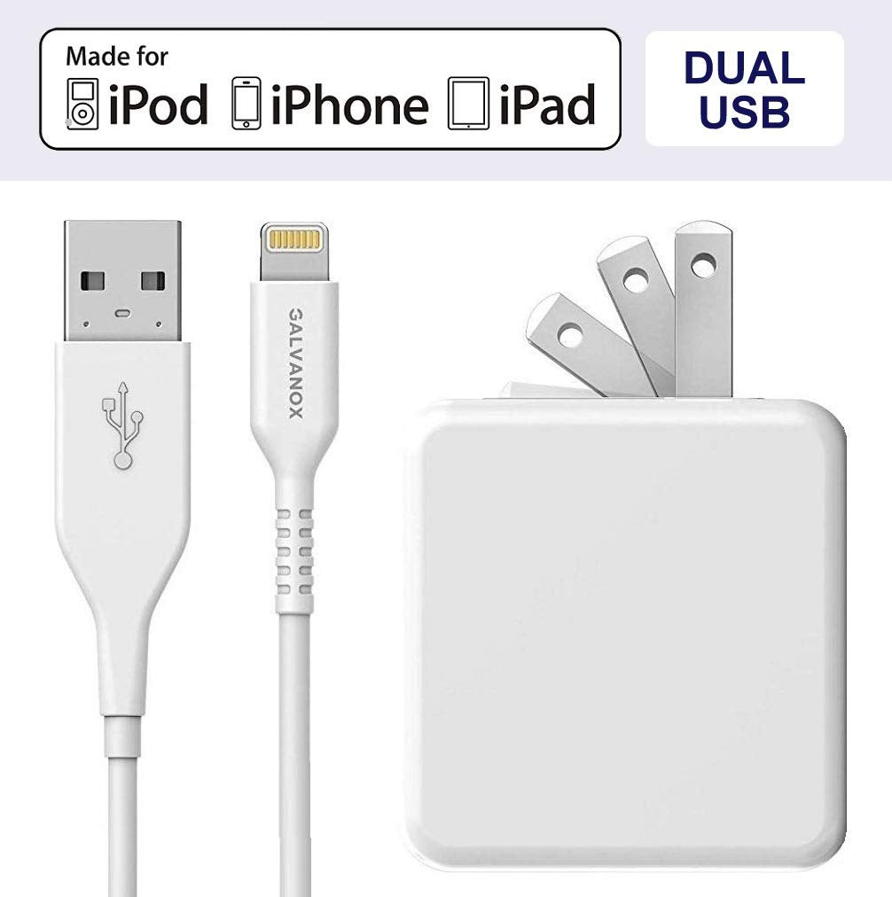 [Australia - AusPower] - Galvanox (Apple MFi Certified) iPhone Charger Cable (5ft) with 17W Power Adapter - Lightning to USB Charging Cord Plus Dual USB-Port Wall Plug (for iPhone 7/8/X/XR/XS/11/11 Pro/12/12/13 Mini/Pro Max) 