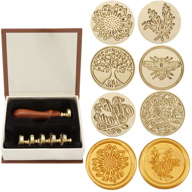 [Australia - AusPower] - Wax Seal Stamp Set,Yoption 6 Pieces Plant Series Sealing Wax Stamp Heads + 1 Wooden Hilt, Vintage Seal Wax Stamp Kit with Gift Box (Sunflower+Tree of Life+Bee+with Love+Rosemary+Leaves) Botanical Set 