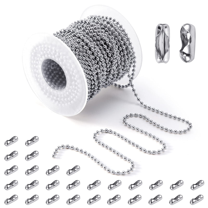 [Australia - AusPower] - PP OPOUNT 48 Feet Stainless Steel Ball Bead Chain 2.4 mm Adjustable Pull Chain Bead, Beaded Roller Chain with 30 PCS Matching Connectors for Jewelry Making 