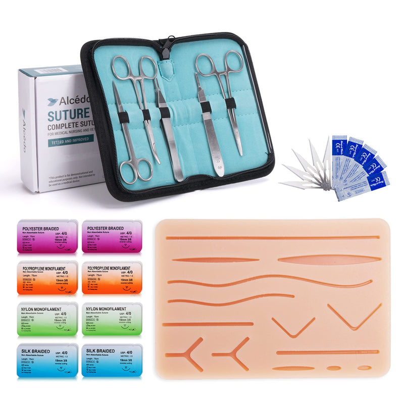 [Australia - AusPower] - Alcedo Suture Practice Kit for Medical Students | Complete Kit (32 Pieces) Include Durable Large Suturing Pad with Pre-Cut Wounds, Tools Kit, and Suture Threads | Perfect for Practice, Demonstration Large Pad 