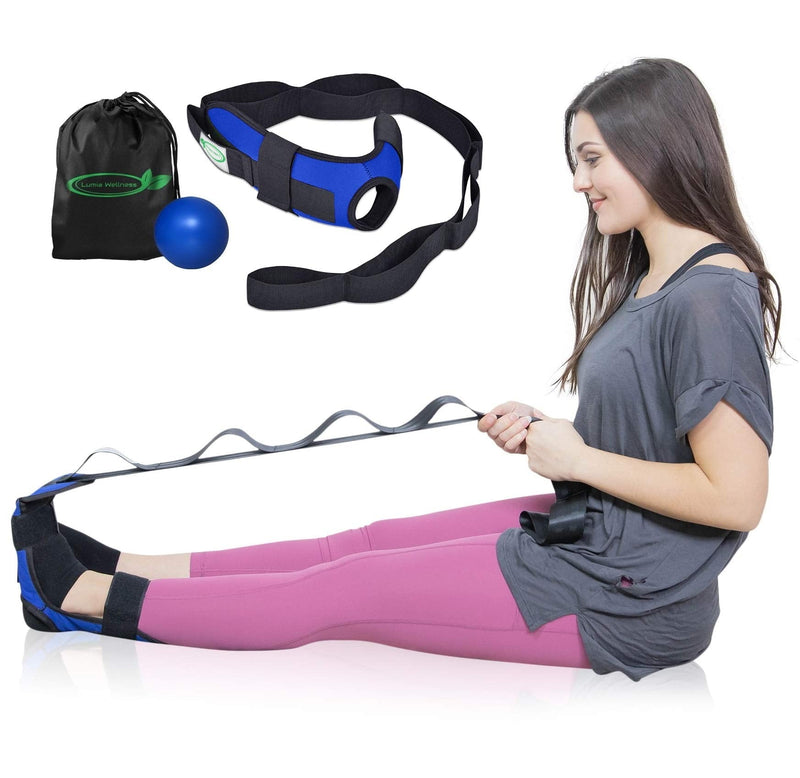 [Australia - AusPower] - Lumia Wellness Foot and Leg Stretcher with Carry Bag and Massage Ball - for Plantar Fasciitis, Achilles Tendinitis, Yoga Foot Leg Ankle Stretch Strap, Multi-Loop Stretching Blue 