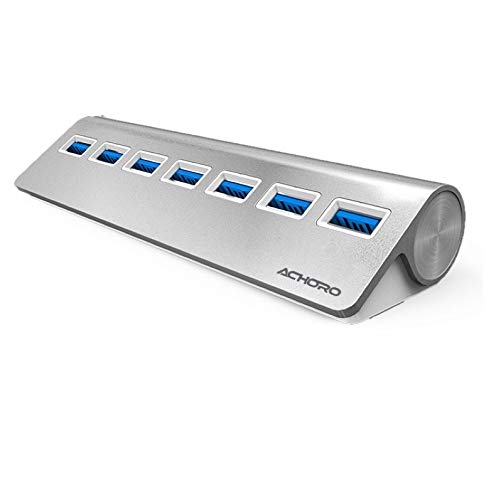 [Australia - AusPower] - Achoro 7 Ports USB 3.0 Hub - Triangle Aluminum Alloy - High-Speed USB Port Expander - Compatible with PC, iMac, MacBook, Windows, Desktop, and More – Computer Multiple USB HUB (Silver) Silver 