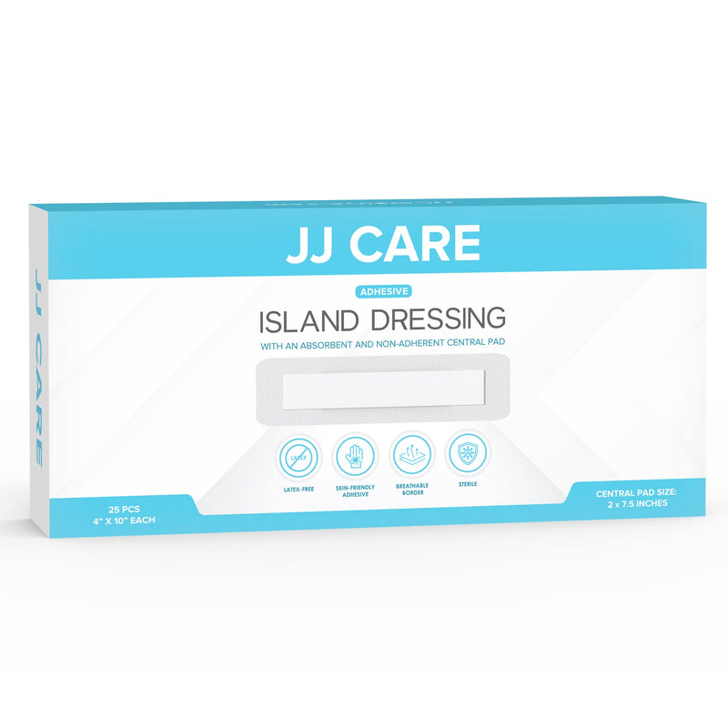 [Australia - AusPower] - JJ CARE Adhesive Island Dressing [Pack of 25], 4x10 Sterile Bordered Gauze, Latex-Free Wound Dressing, Non-stick Center Pad, Breathable and Highly Absorbent 25 Count (Pack of 1) 