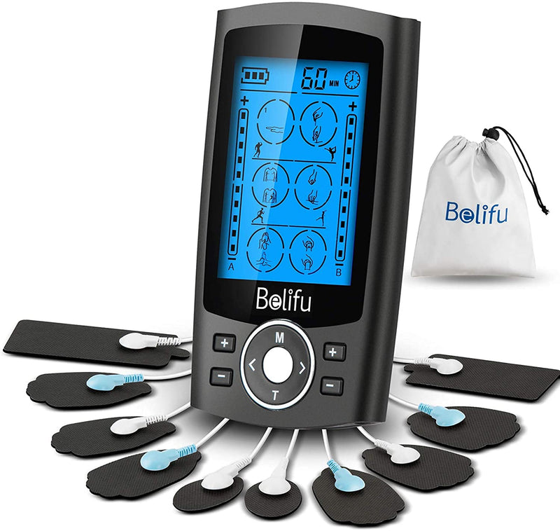 [Australia - AusPower] - Belifu Dual Channel TENS EMS Unit 24 Modes Muscle Stimulator for Pain Relief Therapy, Electronic Pulse Massager Muscle Massager with 10 Pads, Dust-Proof Drawstring Storage Bag，Fastening Cable Ties… Black 