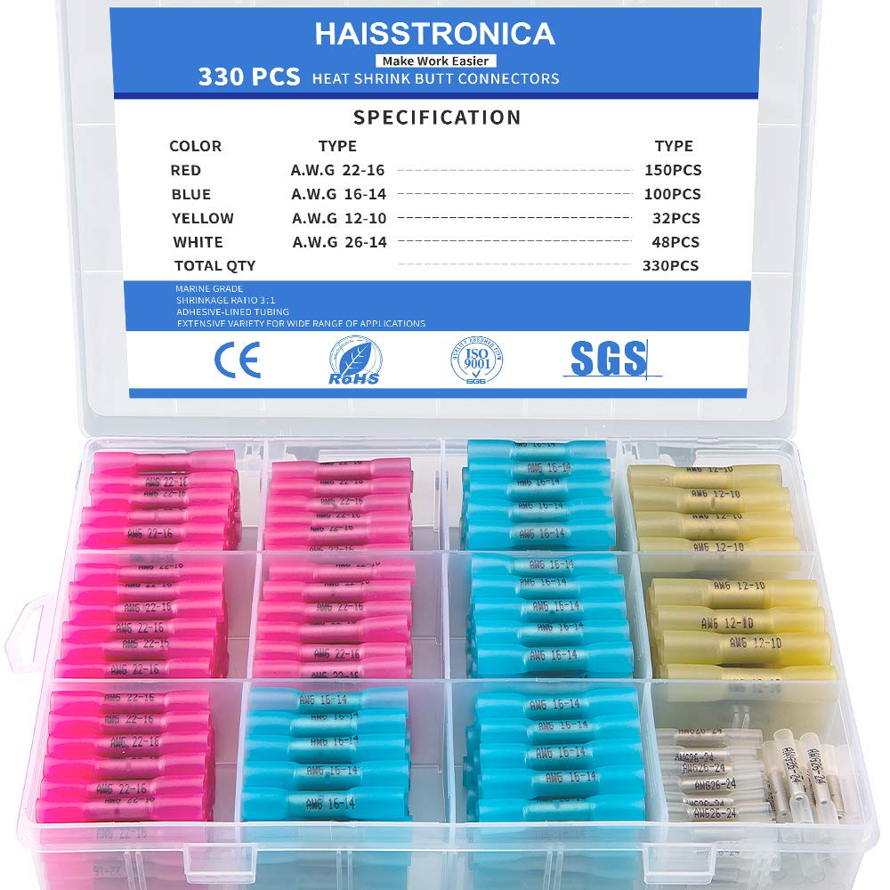 [Australia - AusPower] - 330PCS haisstronica Heat Shrink Butt Connectors-Marine Grade Waterproof Wire Connectors Kit-Tinned Red Copper Insulated Electrical Crimp Connectors for Boat,Truck,Stereo,Joint(4Colors/4Sizes) 