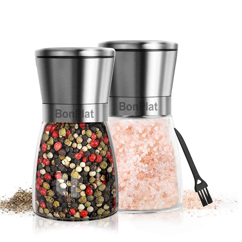 [Australia - AusPower] - Salt and Pepper Grinder Set - Premium Stainless Steel Salt and Pepper Mill Shakers Refillable Coarseness Adjustable Ceramic Spice Grinder with a Cleaning Brush of BonPlat (2PCS/Set) (Silver) 