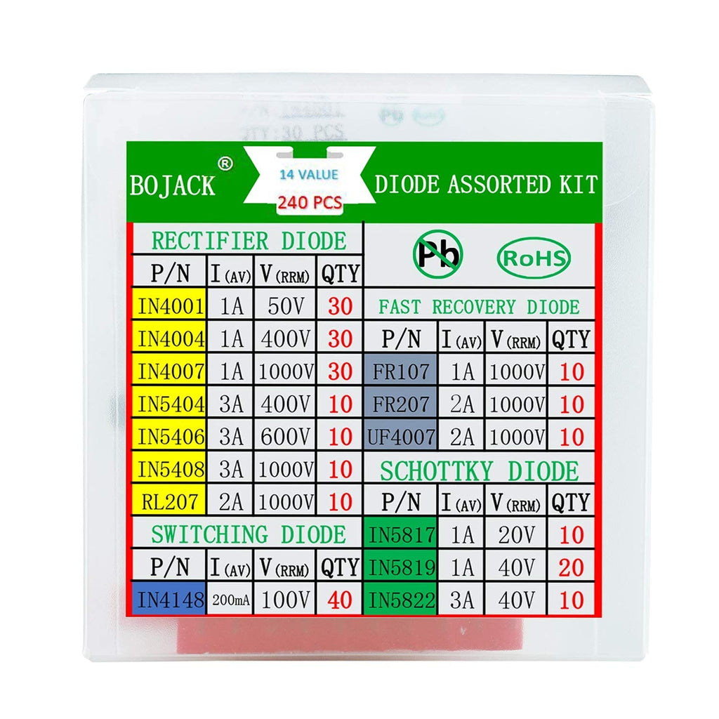 [Australia - AusPower] - BOJACK 14 Value 240 pcs Diode Assortment Kit Contain Rectifier/Fast Recovery/Schottky/Switching Diode 1N4001 1N4004 1N4007 1N5404 1N5406 1N5408 RL207 FR107 FR207 UF4007 1N5817 1N5819 1N5822 1N4148 