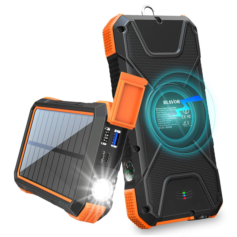 [Australia - AusPower] - BLAVOR Solar Charger Power Bank 18W, QC 3.0 Portable Wireless Charger 10W/7.5W/5W with 4 Outputs & Dual Inputs, 20000mAh External Battery Pack IPX5 Waterproof with Flashlight & Compass (Orange) Orange 