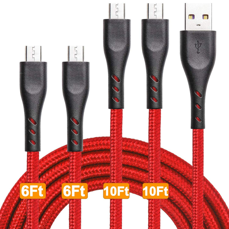 [Australia - AusPower] - Micro USB Cable Braided 10ft 10ft 6ft 6ft, Android Charging Cable Fast Phone Charger Cord with Extra Long Length Nylon Braided Compatible with PS4,Samsung Galaxy S7 Edge/S7/S6,Note 5 4,LG(4pack) 6ft*2+10ft*2 Red 