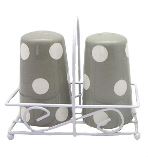 [Australia - AusPower] - Grey Ceramic Salt & Pepper Shakers with White Polka Dots in White Wire Basket 