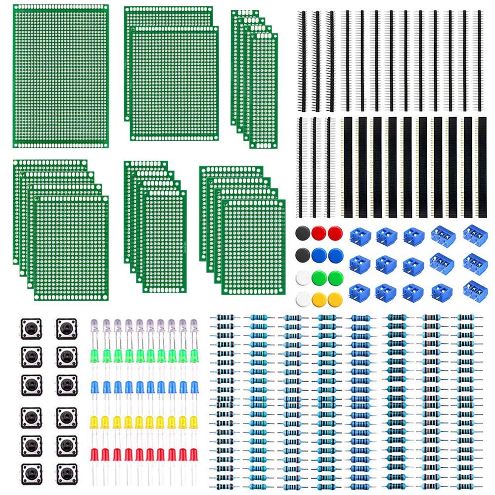 [Australia - AusPower] - WayinTop PCB Board Kit, Double Sided Prototype Boards 6 Sizes 40 Pin 2.54mm Male/Female Header Connector 2/3Pin Screw Terminal Blocks and Resistor 10-1M Ohm 5mm Led Diodes Tactile Cap Switch 