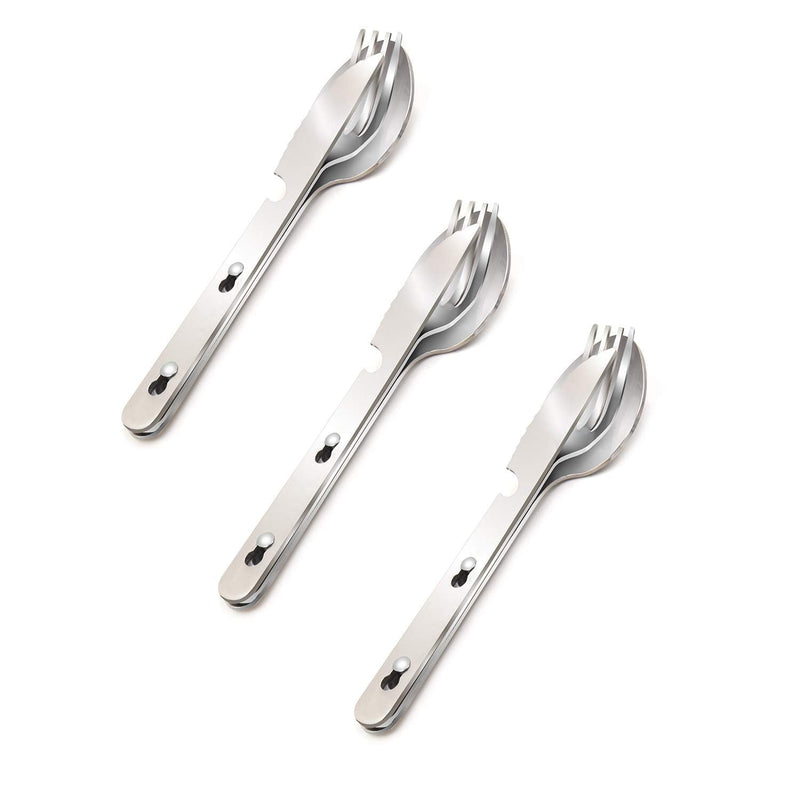 [Australia - AusPower] - KINLINK 4-in-1 Camping Utensils 3-Pack, Portable Stainless Steel Spoon, Fork, Knife & Bottle Opener Combo Set, Travel/Camping/Hiking/Picnic/Barbecue/Outdoor Backpacking Utensils with Carrying Bag 