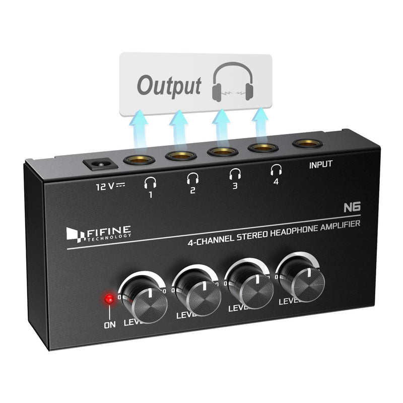 [Australia - AusPower] - Fifine Headphone Amplifier 4 Channels Metal Stereo Audio Amplifier,Mini Earphone Splitter with Power Adapter-4x Quarter Inch Balanced TRS Headphones Output and TRS Audio Input for Sound Mixer-N6 