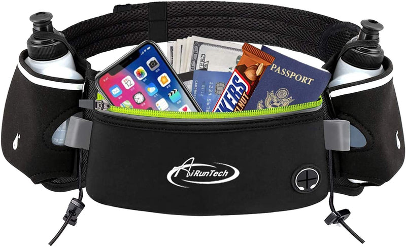 [Australia - AusPower] - AiRunTech Hydration Running Belt with Water Bottles Zero Bounce Design for Marathon, 10K, 5K, Trail, Race Training, Water Belts for Woman Men, Jogging Cycling Biking Waist Pack for Any Phone Size BK 2*6 OZ bottles 