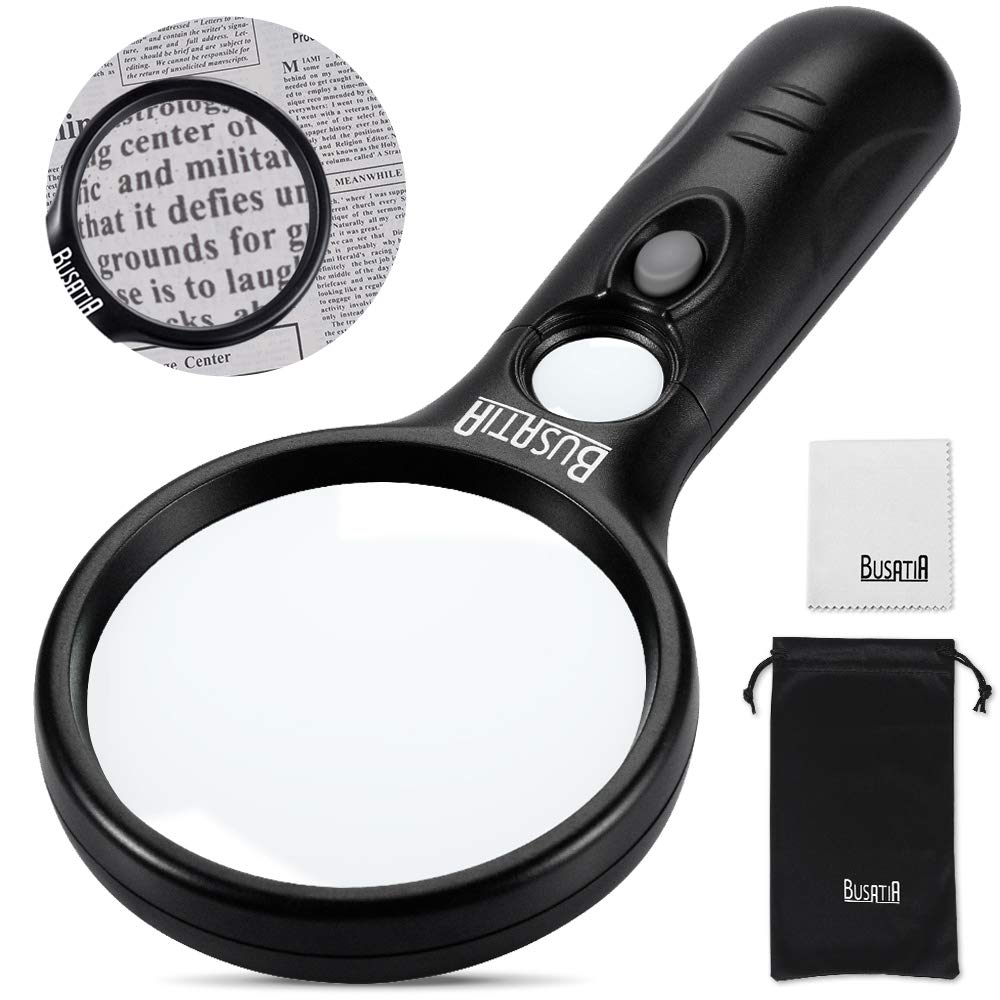 [Australia - AusPower] - Magnifying Glass with Light, BUSATIA LED Illuminated Magnifier with 3X 45X High Magnification, Lightweight Handheld Magnifying Glass for Reading, Inspection, Jewellery, Hobbies & Crafts 