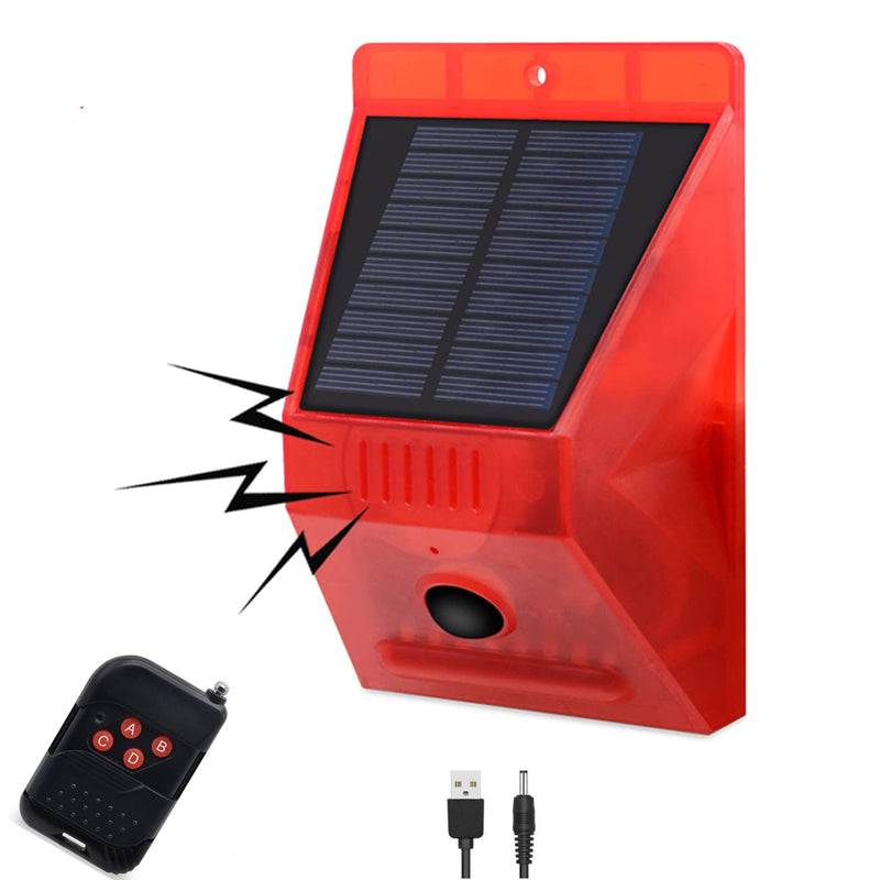 [Australia - AusPower] - HULPPRE Solar Strobe Light with Motion Detector Solar Alarm Light with Remote Controller 129db Sound Security Siren Light IP65 Waterproof 24 Hours+Night Mode for Home, Farm,Barn,Villa,Yard Mount on wall,fence 