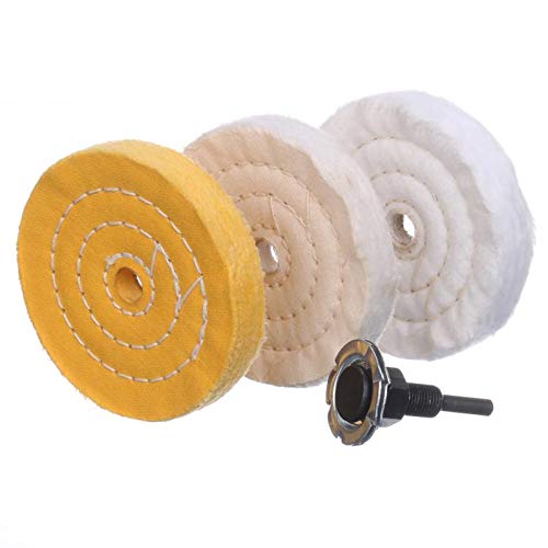[Australia - AusPower] - 4 Inch 1 ultra fine cotton(30 Ply) 1 Treated Yellow Cotton (38 Ply) 1 Fine Cotton (50Ply) Buffing Polishing Wheel for Drill 1/2 inch Arbor Hole with 1/4'' Handle,3pcs 