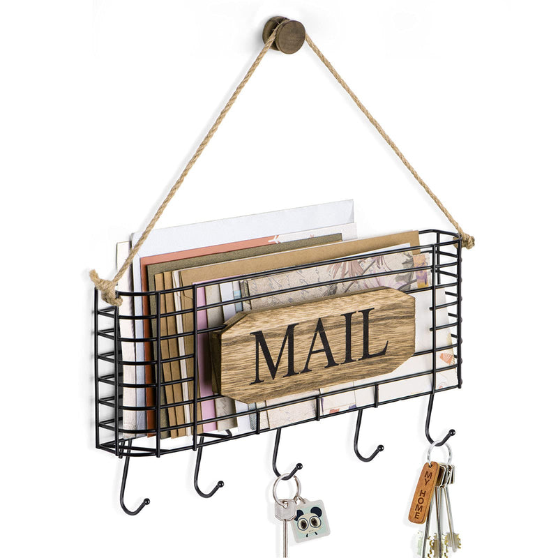 [Australia - AusPower] - SRIWATANA Mail Holder, Rustic Mail Organizer Wall Mount Hanging Mail Sorter Letter Basket with 5 Key Holder for Wall, Large, Carbonized Black 