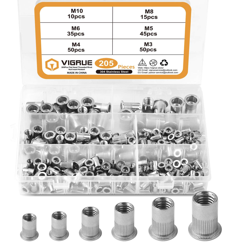 [Australia - AusPower] - VIGRUE 205PCS 304 Stainless Steel Rivet Nut Assort Set Flat Head Threaded Rivetnut Insert Nutserts Assortment Kit(M3| M4| M5| M6| M8| M10) 1 