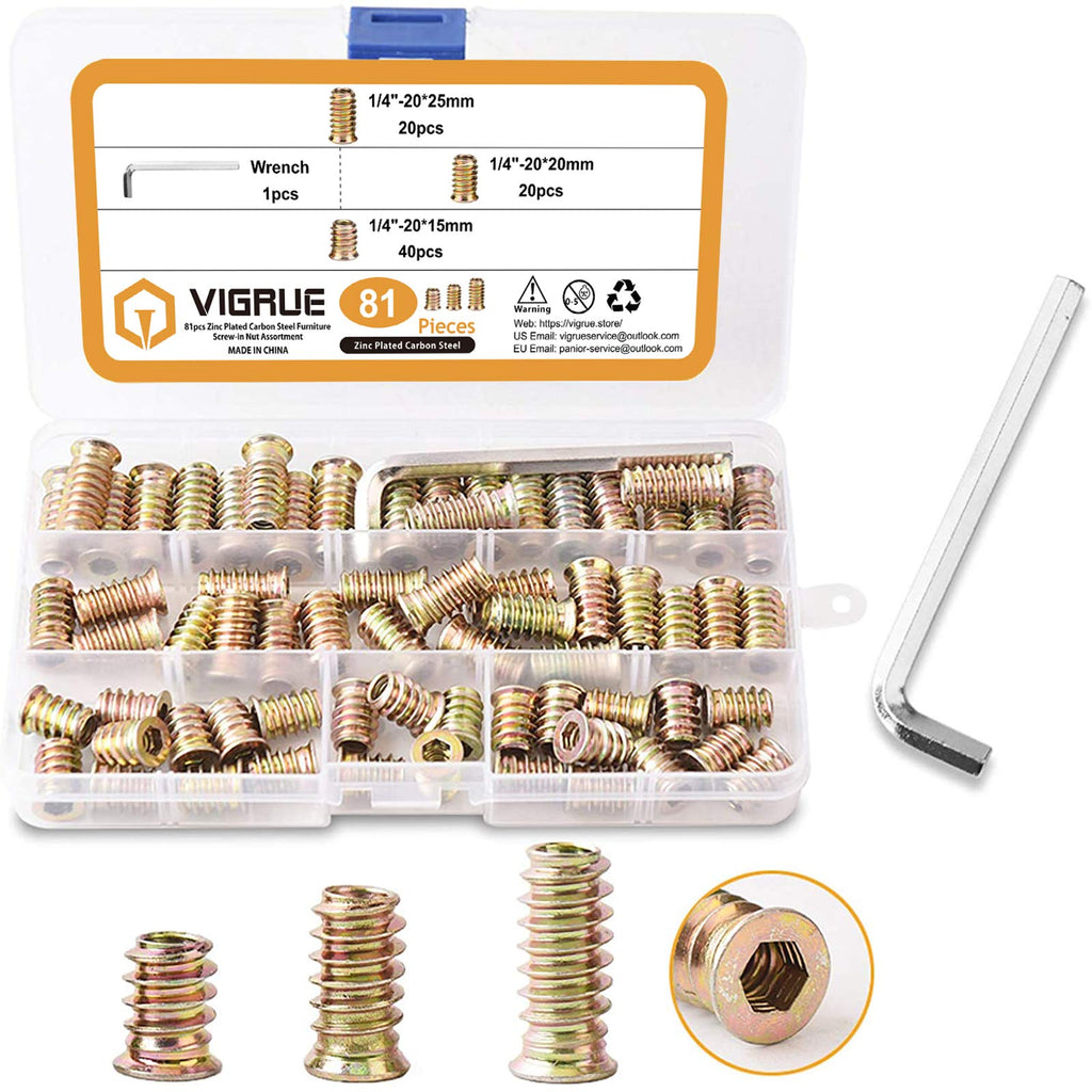 [Australia - AusPower] - VIGRUE 81PCS 1/4"-20 x 15mm/20mm/25mm Furniture Screw in Nut Threaded Inserts Nuts for Wood Bolt Fastener Connector Hex Socket Drive Flanged Assortment Set with Hex Spanner Furniture Threaded Inserts 