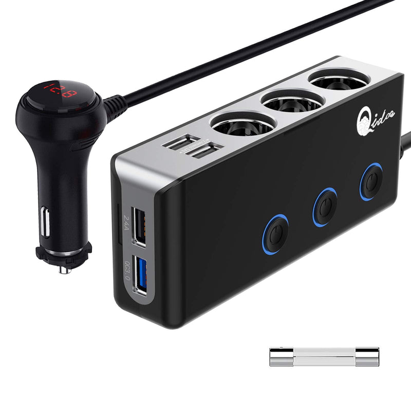 [Australia - AusPower] - [Upgraded Version] Quick Charge 3.0 Cigarette Lighter Splitter, Qidoe 12V/24V 3-Socket 120W DC Power Car Adapter with LED Voltmeter Main Switch, 8.5A 4 USB Fast Outlets, Three Independent ON/Off Multi-Colored 